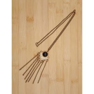 Vintage Large Black Lucite Cabochon Triangle Pendant with Fringe Gold Tone Chain